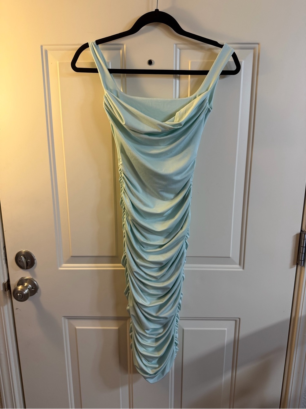 Oh Polly Mint Green Ruched Bodycon Midi Dress Cowl Neck Size 2